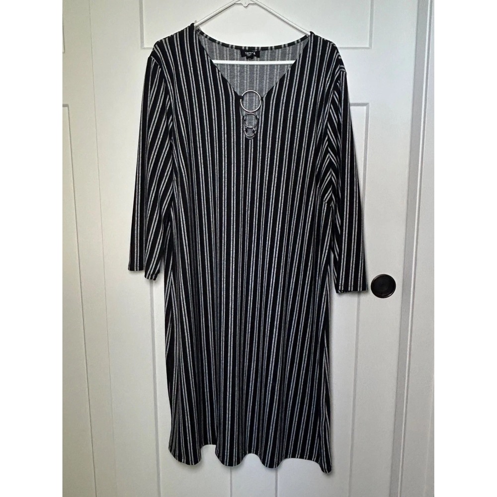 Tacera Black & White Striped Dress, Soft Knit Knee Length - Women's 3X